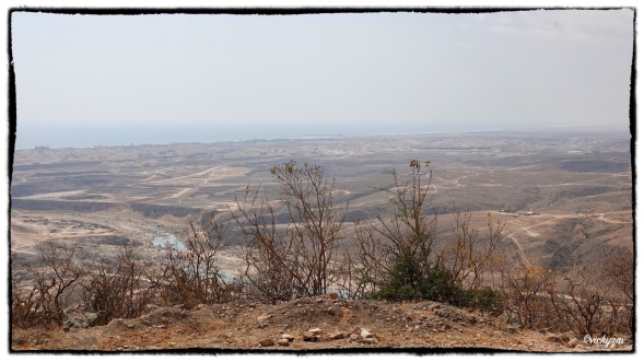 From the heights above upper Wadi Darbat, the vegetation is burning out in the heat...